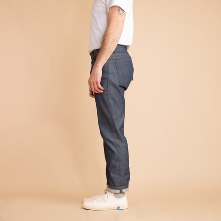 NAKED & FAMOUS WeirdGuy Natural Indigo Selvedge worn on the side