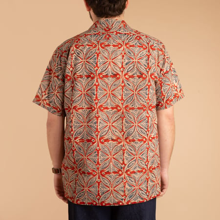 Open Collar S/S Shirt Block Print Vermillion