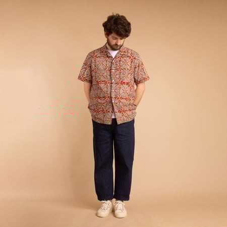 Open Collar Short Sleeve Shirt Block Print Vermillion