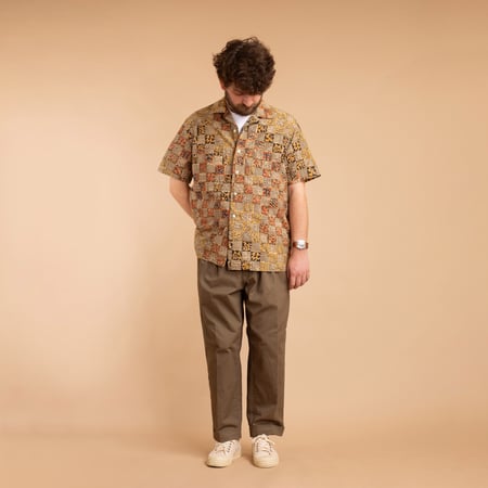 Open Collar Short Sleeve Shirt Block Print Square