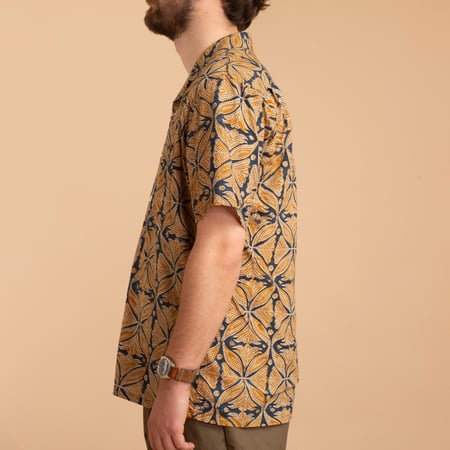 Open Collar Short Sleeve Shirt Block Print Blue