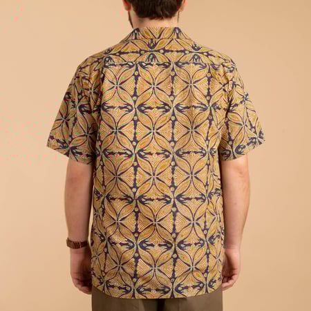 Open Collar Short Sleeve Shirt Block Print Blue