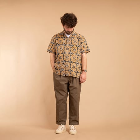 Open Collar Short Sleeve Shirt Block Print Blue
