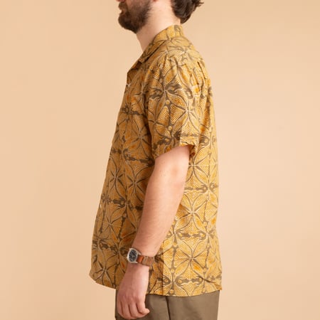 Open Collar Short Sleeve Shirt Block Print Khaki