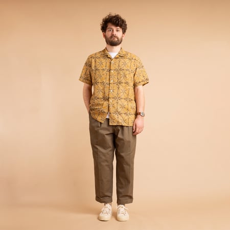 Open Collar Short Sleeve Shirt Block Print Khaki