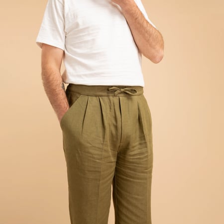 T005 Linen Drawstring Trousers Moss