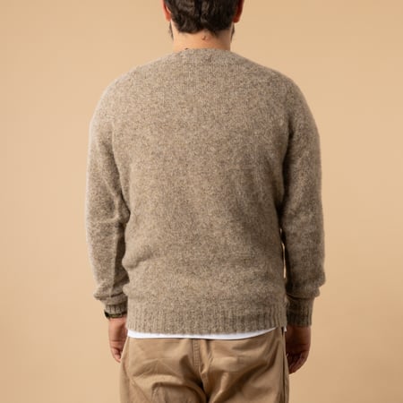 brown mushroom-colored shaggy HARLEY OF SCOTLAND sweater from the back