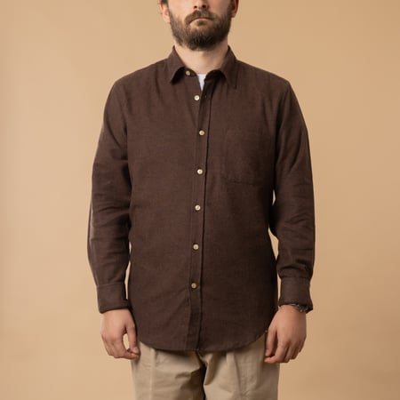 Portuguese Flannel Teca Shirt in Brown, front closed, made of cotton.