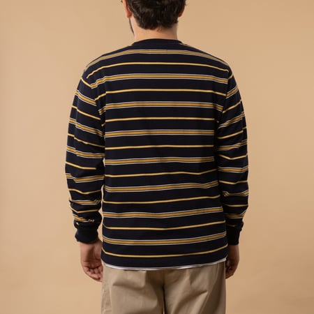 Long-sleeve BEAMS PLUS Pocket Tee Multi Stripe in Navy color, back view