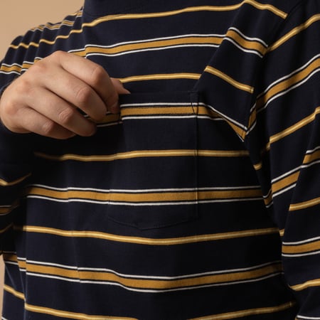 BEAMS PLUS Long Sleeve Pocket Tee Multi Stripe in Navy, Front Detail