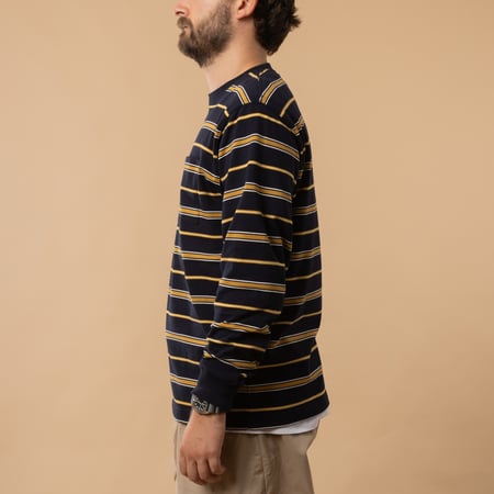 BEAMS PLUS Long Sleeve Pocket Tee Multi Stripe in Navy color, side profile