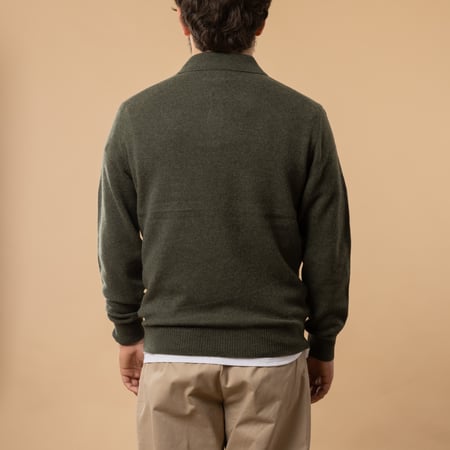 BEAMS PLUS 9G Knit Polo long sleeve wool sweater, color Green, back view.