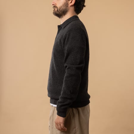 BEAMS PLUS 9G Knit Polo long sleeve wool sweater in Charcoal color, side profile