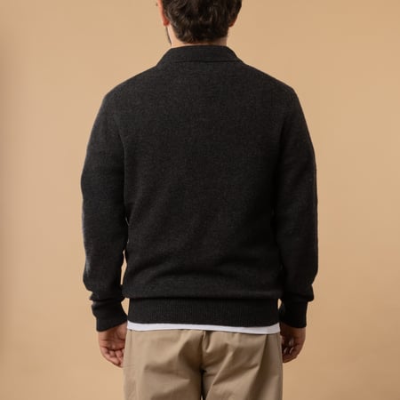 BEAMS PLUS Knit Polo 9G long sleeve wool sweater in Charcoal color, viewed from the back.