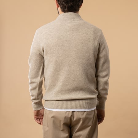 BEAMS PLUS Long Sleeve Wool Sweater / 9G Knit Polo in Beige, Back View