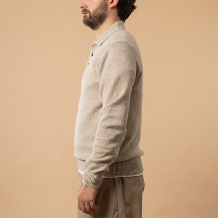 BEAMS PLUS / Knit Polo 9G Long Sleeve Wool Sweater in Beige, Side View