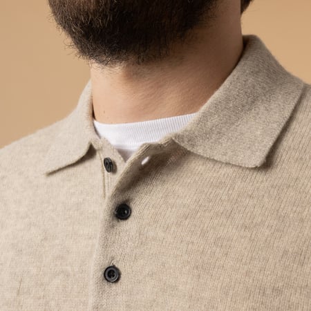 BEAMS PLUS Long Sleeve Wool Sweater / 9G Knit Polo in Beige with Front Detail