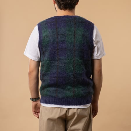 Pull sans manche à carreaux BEAMS PLUS Vest Mohair couleur Navy de dos