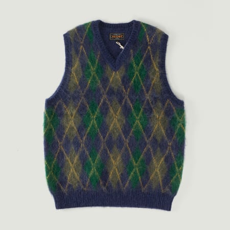 Vignettes-BEAMS-PLUS-flâneurs-pull-sans-manches-Argyle-Vest-Mohair-Navy