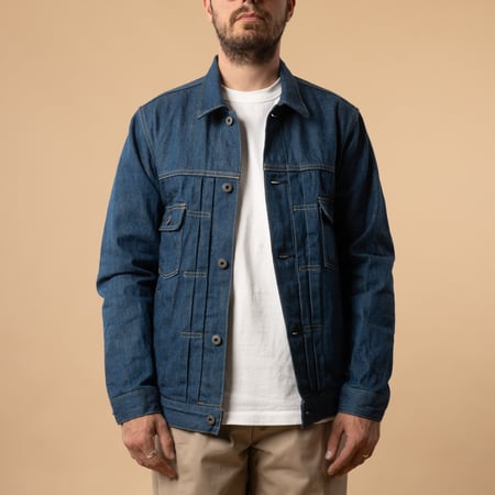 Vest-en-jean-ONI DENIM-02516P-OFDB Type II Jacket 13,7oz Old Faded Blue Denim de face ouvert