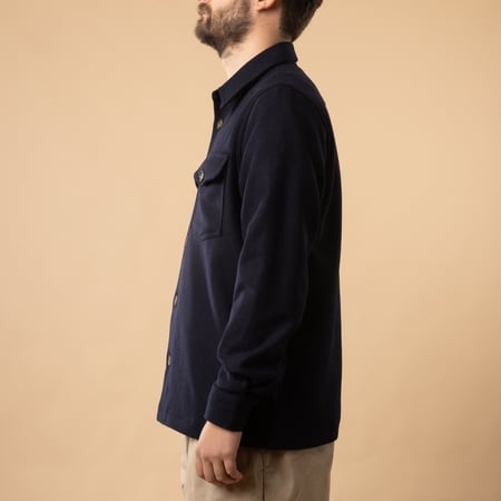 PORTUGUESE FLANNEL Wool Field Overshirt in Navy, side profile