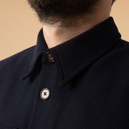 PORTUGUESE FLANNEL Wool Field Overshirt in Navy with collar detail