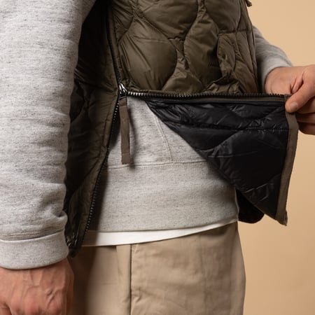 Taion-flâneurs-veste-sans-manche-Military-V-Neck-W-Zip-Down-Vest-Dark-Olive-détail-zip-profil
