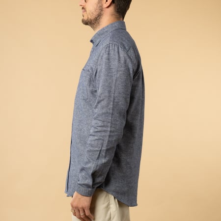 Portuguese Flannel Teca Shirt in Indigo, side worn