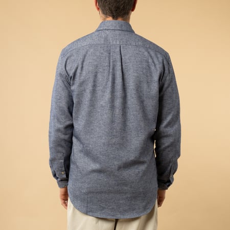Indigo PORTUGUESE FLANNEL Teca Shirt worn on the back