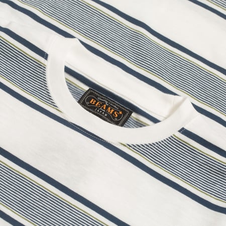 BEAMS PLUS / Pocket Tee Wide Stripe Off White_détail col