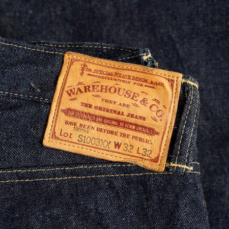 flâneurs WAREHOUSE & CO.  Lot S1003XX Pink Selvedge WWII Indigo Denim leather patch