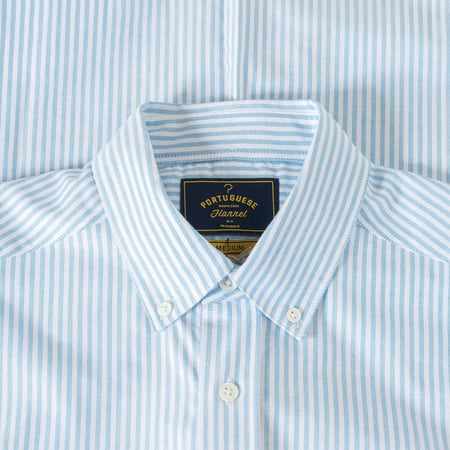 détail col flâneurs PORTUGUESE FLANNEL chemise Belavista Stripe Open Blue
