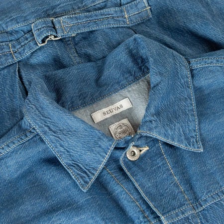détail col flâneurs SEUVAS Denim Trucker Jacket Indigo Blue