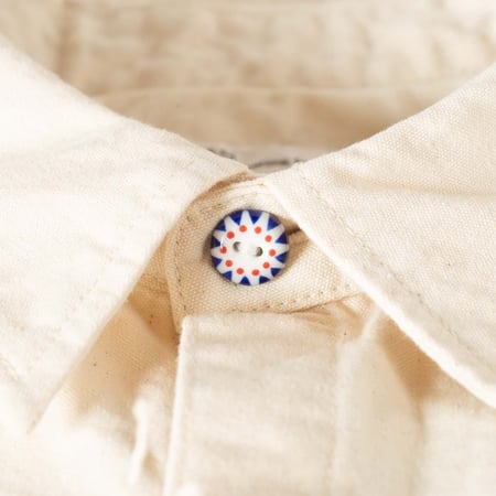 détail bouton porcelaine flâneurs chemise Seuvas 8oz Canvas Raglan Shirt Natural