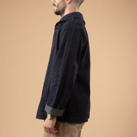 Image_Flâneurs_Lot. 2220 U.S Navy Shawl Collar Coverall Indigo_de-profil