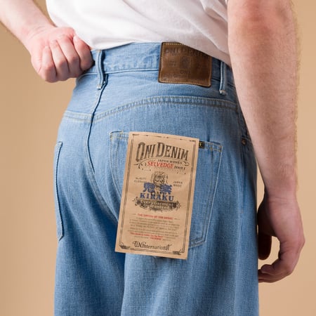 ONI DENIM 222-Kiraku-BB 12oz Super Wide Straight Bio Bleach Denim de profil-back