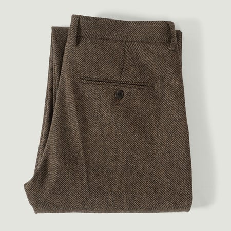 Single Pleat Wool Trousers Herringbone Brown