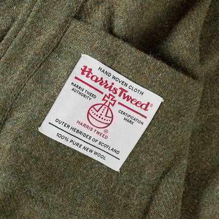 UNIVERSAL WORKS x FLÂNEURS Harris Tweed Plaid Cabin Jacket Green tag