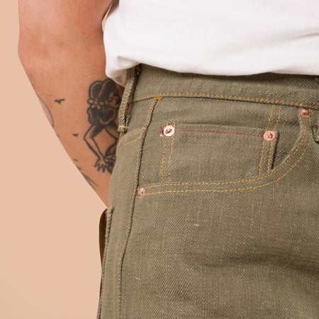 Image-Flâneurs_ONI DENIM / 822-18oz Super Wide Tapered Olive Drab Denim détail poche