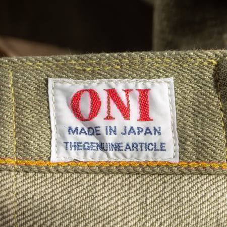 détail tag flaneurs ONI DENIM  822-18oz Super Wide Tapered Olive Drab Denim