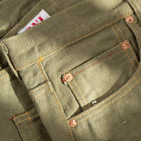 détail coin pocket flaneurs ONI DENIM  822-18oz Super Wide Tapered Olive Drab Denim
