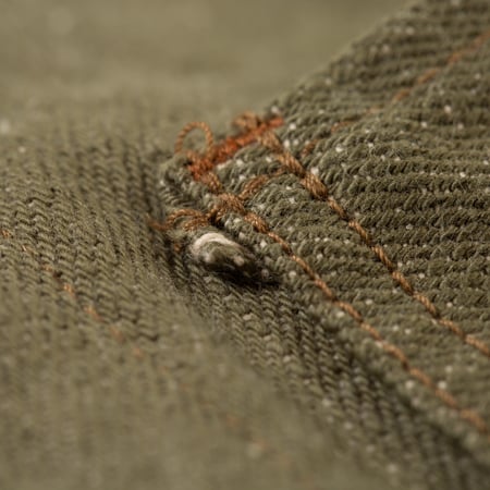 détail peekaboo flaneurs ONI DENIM  03502-18oz Olive Drab Denim Coverall