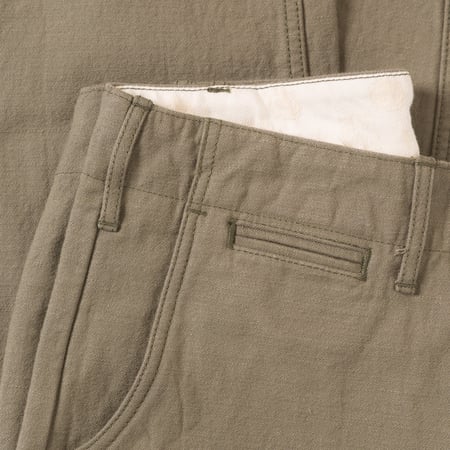 Image flâneurs SAMURAI JEANS / SJ42BP 15oz Heavy Back Satin Selvedge Chino Olive détail poche