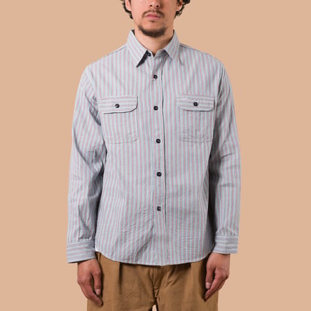 image flâneurs SUGAR CANE / Long Sleeve Dobby Stripe Work Shirt Blue de face