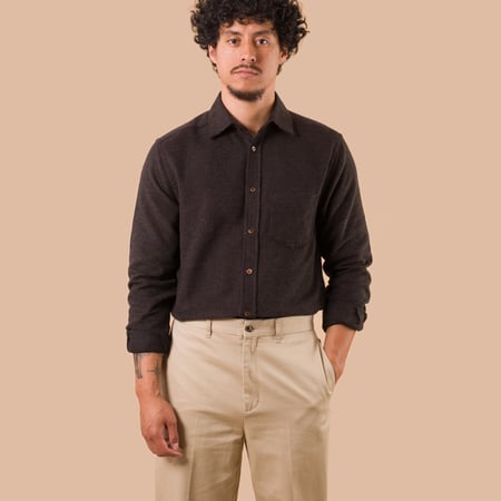 flaneurs Portuguese Flannel Sounds Shirt Brown worn front inside