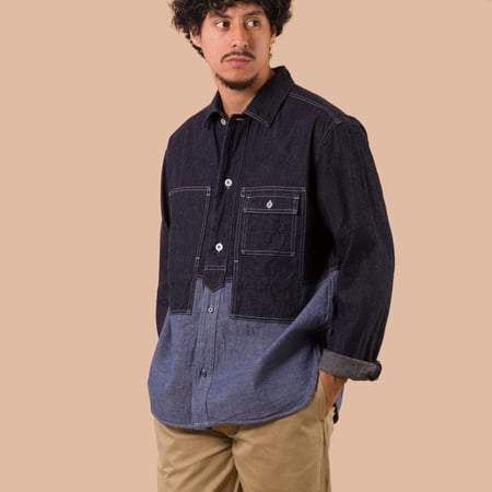 flaneurs NIGEL CABOURN Utility Shirt Type 2 Denim Indigo worn