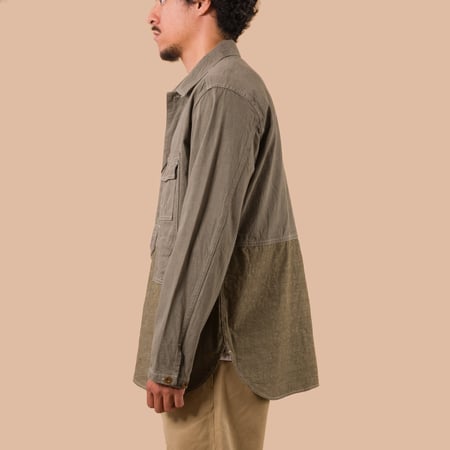 flaneurs NIGEL CABOURN Utility Shirt Type 2 green Indigo worn side