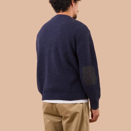 flaneurs Frizmworks Patch Round Pullover Knit Navy worn back