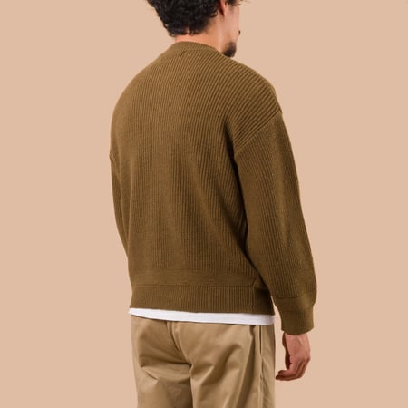 flaneurs Frizmworks Wool Deck Zip Up Cardigan Cinnamon worn back