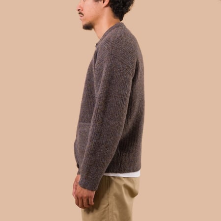 flaneurs Frizmworks Brushed Wool Round Cardigan Brown worn side